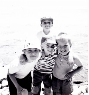 Summer 1962: James Stewart Reaney (back) and Jonathan Beckwith, John Reaney, and Simon Beckwith. Summer 1962.